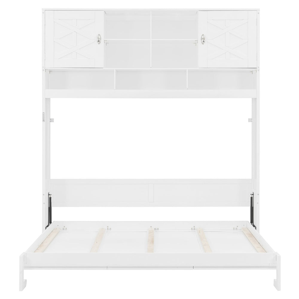 English Elm Queen Size Elegant Wall-Mounted Murphy Bed With Stylish Storage & Diamond Stripe Design, White N820S00062K-GIGA