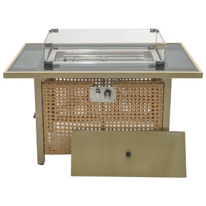 English Elm K&K 43" Propane Gas Fire Pit Table 60000 BTU Open Weave Wicker with Glass Wind Guard & Blue Stones orange-yellow N707P210158Z