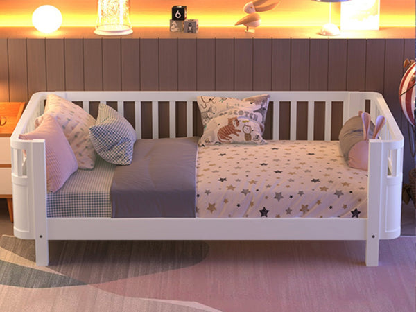 English Elm Twin Low Profile Pine Wood Kids Bed with Safety Rails and Fence Style Headboard W2593P367041