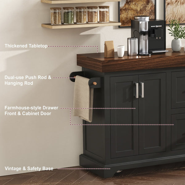 English Elm K&k Rolling Kitchen Island with Walnut Grain Countertop Drawers and Spice Rack Black N707S000025B