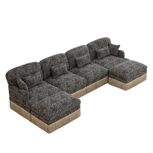 English Elm 131"comfy Chenille Leopard Print U-shaped Sectional with Tassel Trim and Modular Ottomans Khaki W5656S00027