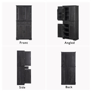 English Elm K&K 71" Tall Farmhouse Pantry Cabinet with Groove Edges, 3 Pull-Out Organizers, 6 Door Shelves Black N707P256507B