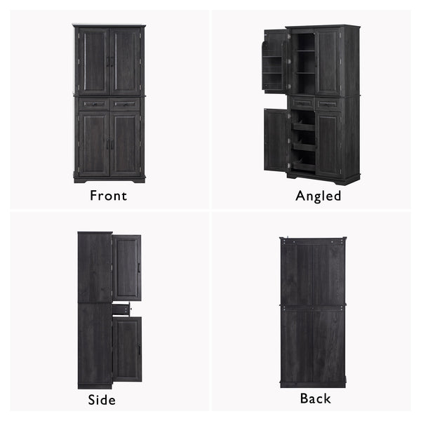 English Elm K&K 71" Tall Farmhouse Pantry Cabinet with Groove Edges, 3 Pull-Out Organizers, 6 Door Shelves Black N707P256507B