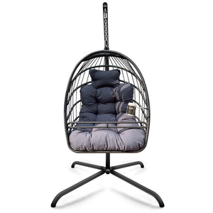 English Elm Swing Egg Chair with Stand - Foldable Wicker Rattan Hanging Basket, Safety Guardrail & Cup Holder Black W2707P184391