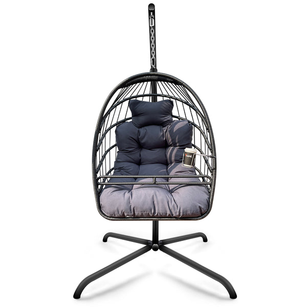 English Elm Swing Egg Chair with Stand - Foldable Wicker Rattan Hanging Basket, Safety Guardrail & Cup Holder Black W2707P184391