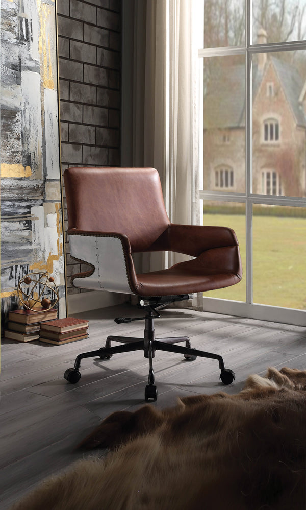 English Elm Kamau Vintage Cocoa Top Grain Leather Office Chair - Executive 360° Swivel, Nailhead Trim, Adjustable Height B2726P378543