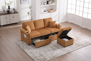 English Elm UNITED Corduroy L-Shaped Sectional Sofa with Storage Ottoman, USB Ports, Cup Holders & LED Lighting Mustard yellow W1568P332403