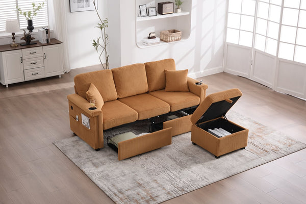 English Elm UNITED Corduroy L-Shaped Sectional Sofa with Storage Ottoman, USB Ports, Cup Holders & LED Lighting Mustard yellow W1568P332403