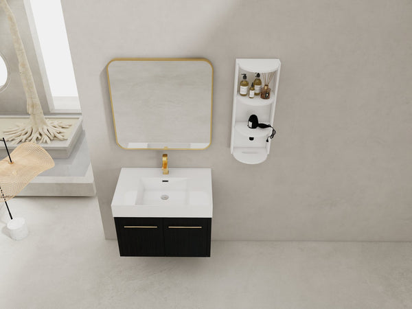 English Elm 30 Inch Wall-Mounted Vanity Set With Thick Resin Sink & 3-Tier Storage Rack For Stylish Bathrooms W999S00367