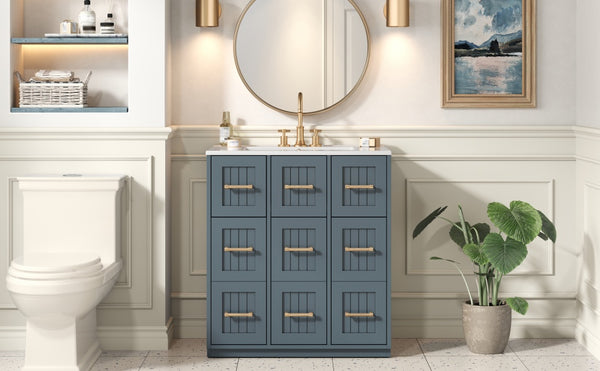 English Elm 30inch Bathroom Vanity with Undermount Sink, Tip-Out Tray, Soft-Close Doors, Spacious Drawers & Handles Blue N710P331580C
