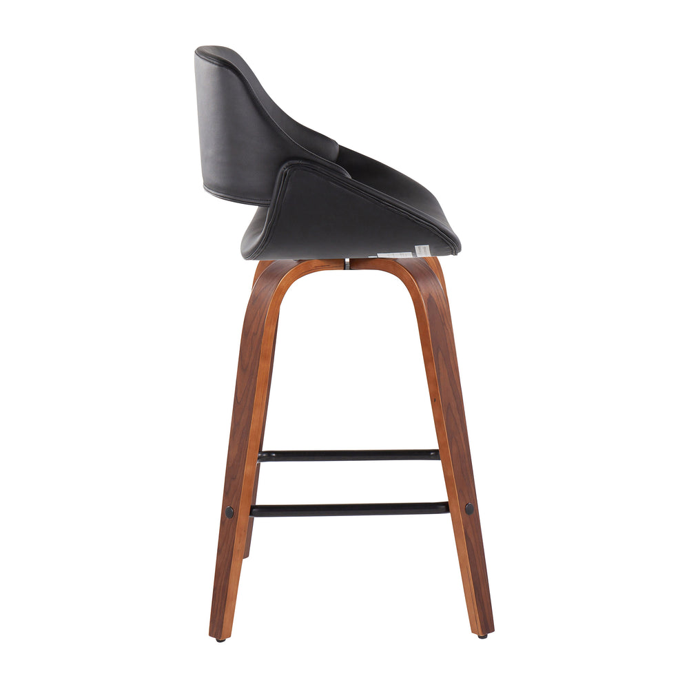 English Elm Fabrico Mid-Century Modern Counter Stool Set Of 2 In Walnut & Black Faux Leather With 360° Swivel B202S00256
