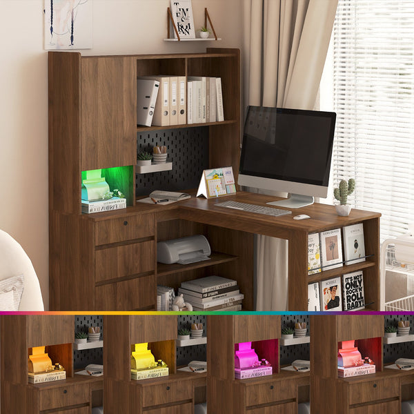 English Elm L Shaped Desk With Led Light & Storage | Modern Corner Computer Desk For Home Office & Gaming Setup W1321S00022