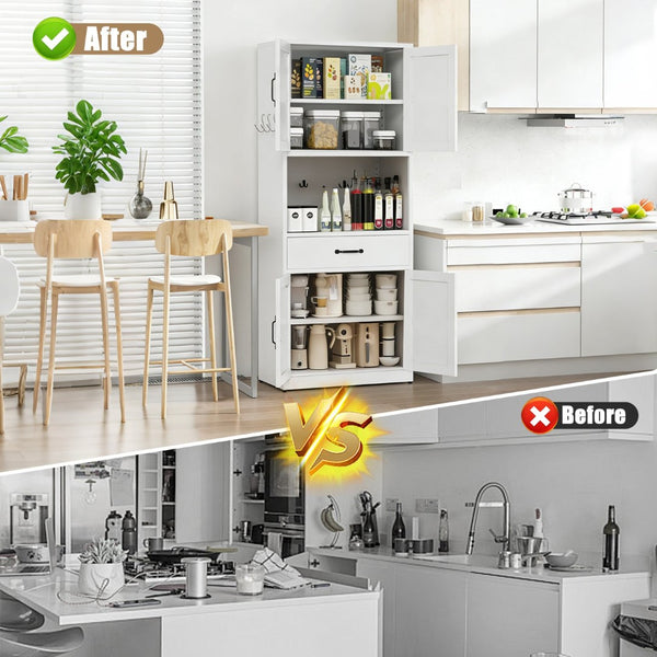 English Elm 71 Inch Steel Kitchen Pantry Cabinet with Adjustable Shelves Drawer and Hooks Modern White T2398P413028