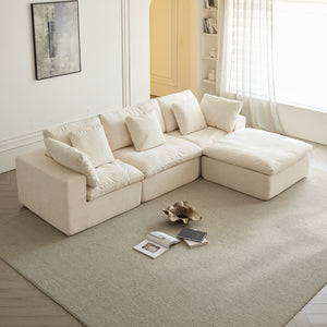 English Elm Cloud Modular Sectional Sofa - Oversized L-Shaped Deep Seat Couch with Sherpa Fabric & Ottoman Comfort Beige+White W3622S00004