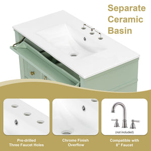 English Elm 36" Freestanding Bathroom Vanity With Stylish Ceramic Basin, Smart Storage & Elegant Green Finish N725P356064F