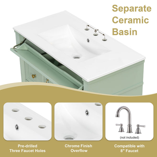 English Elm 36" Freestanding Bathroom Vanity With Stylish Ceramic Basin, Smart Storage & Elegant Green Finish N725P356064F