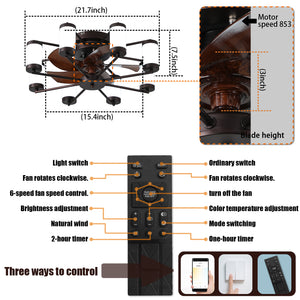 English Elm 22-inch Modern Ceiling Fan with LED Light, 5-Blade Brown Iron Design, Remote, 3-Color Dimmable LEDs W2312P374767