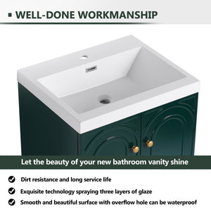 English Elm 24" Freestanding Bathroom Vanity with Resin Integrated Sink, Soft-Close Doors, Adjustable Shelf, Durable Plywood Finish Dark Green W999S00270