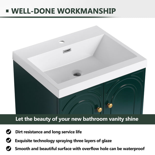 English Elm 24" Freestanding Bathroom Vanity with Resin Integrated Sink, Soft-Close Doors, Adjustable Shelf, Durable Plywood Finish Dark Green W999S00270