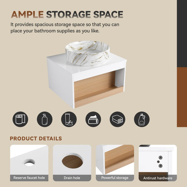 English Elm 24" Floating Bathroom Vanity White Oak Open Shelf Ceramic Vessel Sink Modern Bath W3450S00053