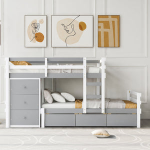 English Elm Twin Loft Bunk Bed with Built-In Drawers and Ladder, Space-Saving Twin over Twin Pine MDF Design Gray GX000424AAE