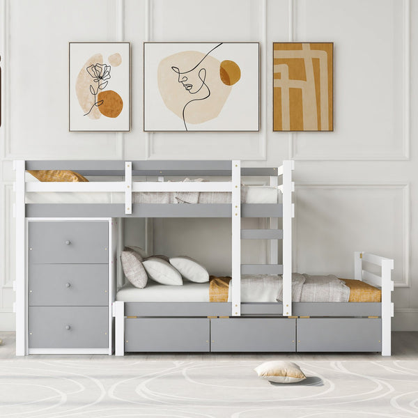 English Elm Twin Loft Bunk Bed with Built-In Drawers and Ladder, Space-Saving Twin over Twin Pine MDF Design Gray GX000424AAE