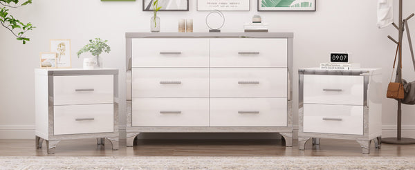 English Elm 3-Pieces Modern Dresser and Two Nightstands with Mirrored Trim, Metal Handles, Spacious Storage White 55.71 L x 19.29 W x 10.63 H N733S205355K