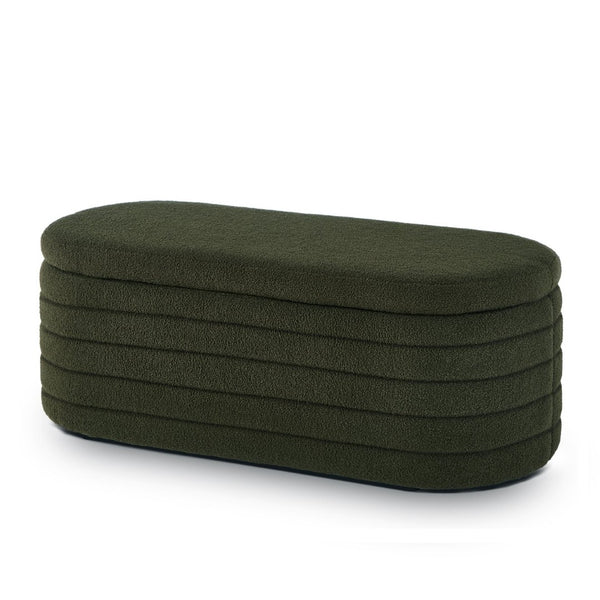 English Elm Modern Boucle Upholstered Oval Bench with Hinged Lid Storage for Bedroom Entryway Dark Green W2186P193118