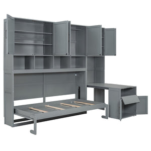 English Elm Twin Murphy Wall Bed with Integrated Closet Drawers and Desk for Studio Spaces Gray LP000595AAE-1