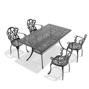 English Elm 5-piece Cast Aluminum Outdoor Dining Set with Carved Relief Frame and Cushioned Seats W1710S00569