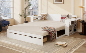 English Elm Queen Daybed with Hydraulic Desk Storage Drawers and Convertible Sofa for Small Spaces White LT000272AAK