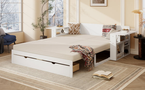 English Elm Queen Daybed with Hydraulic Desk Storage Drawers and Convertible Sofa for Small Spaces White LT000272AAK