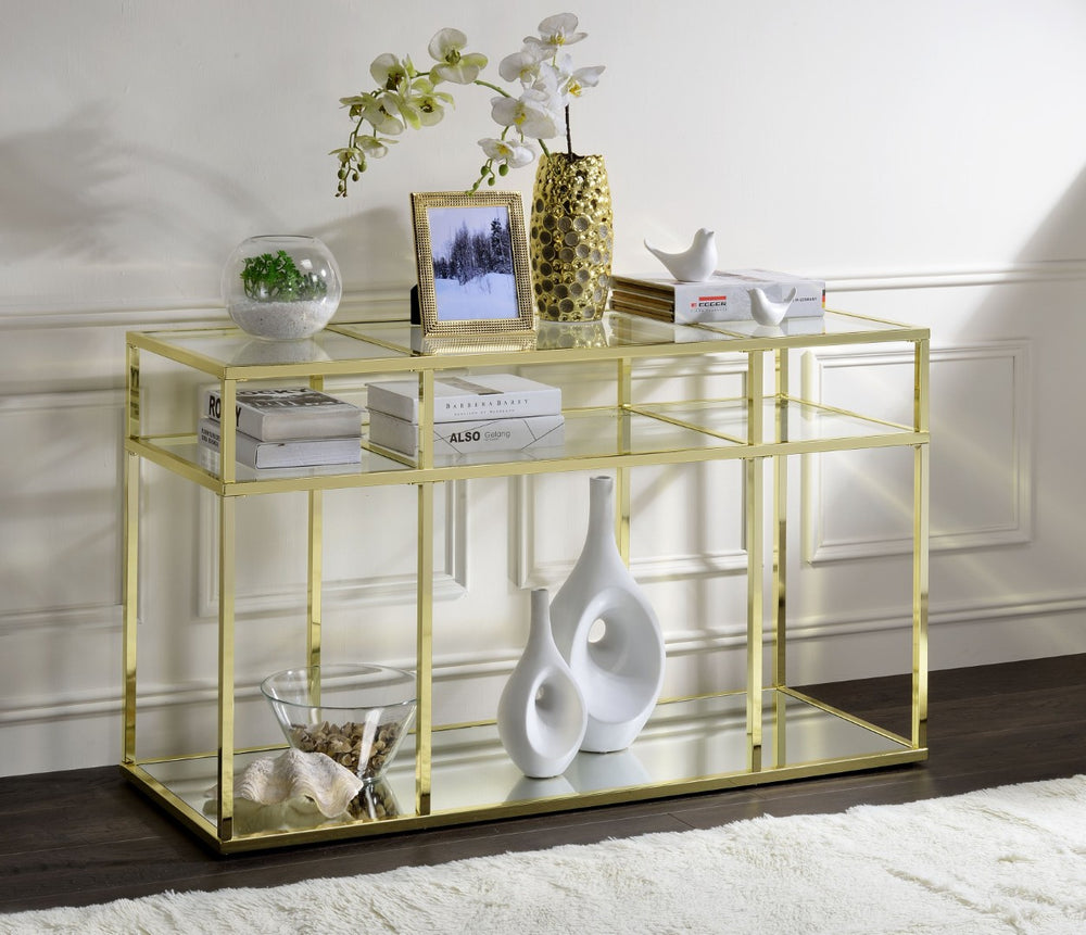 English Elm Uchenna Gold Metal Frame Sofa Table with Tempered Glass Shelves for Entryway B2726P446703