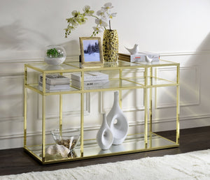 English Elm Uchenna Gold Metal Frame Sofa Table with Tempered Glass Shelves for Entryway B2726P446703