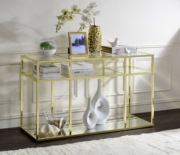 English Elm Uchenna Gold Metal Frame Sofa Table with Tempered Glass Shelves for Entryway B2726P446703