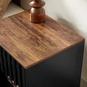 English Elm 2 Set Nightstands with Grille Striped Doors Modern Mid-Century Bedside Tables Black MDF Metal Legs, Storage W578P193301