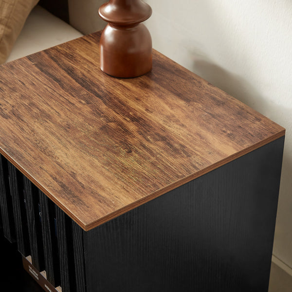 English Elm 2 Set Nightstands with Grille Striped Doors Modern Mid-Century Bedside Tables Black MDF Metal Legs, Storage W578P193301