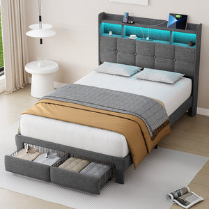 English Elm Full LED Linen Bed Frame with Headboard Storage, 2 Drawers, Fast Charging Ports & Nightlight Ambiance W1550P190364