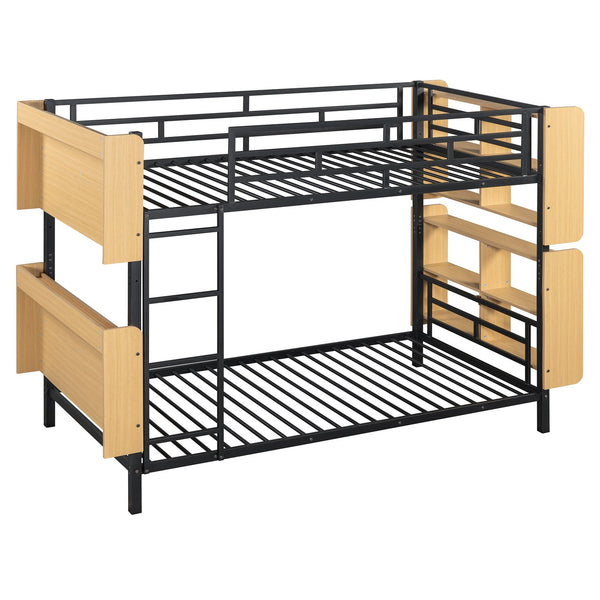 English Elm Twin Metal Bunk Bed with Built-In Headboard Storage and Footboard Shelves, Sturdy Space-Saving Design Black SF000176AAB