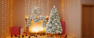 English Elm Christmas Snow Flocked Wreath Set with 9ft Garland & 6ft Tree, Warm LED Lights, 3-Piece Indoor Decor (100) PX283313AAW