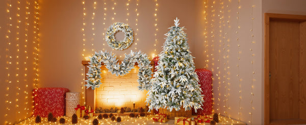 English Elm Christmas Snow Flocked Wreath Set with 9ft Garland & 6ft Tree, Warm LED Lights, 3-Piece Indoor Decor (100) PX283313AAW
