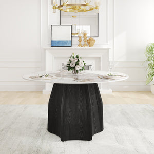English Elm 53" Round Marble Dining Table - Elegant Sintered Stone Top & Solid Oak Base For 6 People Comfort W1535S00457