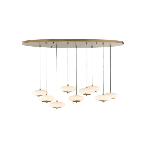 Wildwood Collier Multi-Drop Chandelier With Pleated Brass Accents & Milk Glass Spheres, Adjustable Height, Antique Brass Finish 15307