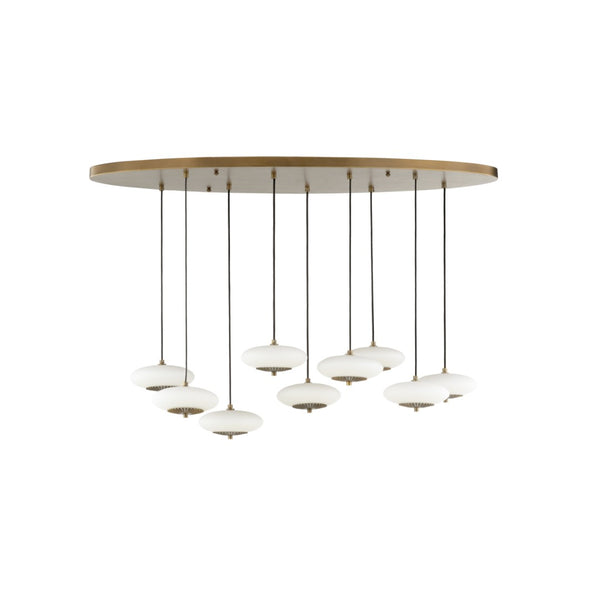 Wildwood Collier Multi-Drop Chandelier With Pleated Brass Accents & Milk Glass Spheres, Adjustable Height, Antique Brass Finish 15307