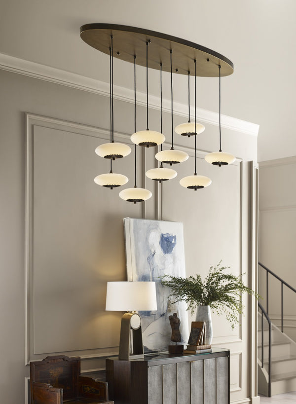 Wildwood Collier Multi-Drop Chandelier With Pleated Brass Accents & Milk Glass Spheres, Adjustable Height, Antique Brass Finish 15307
