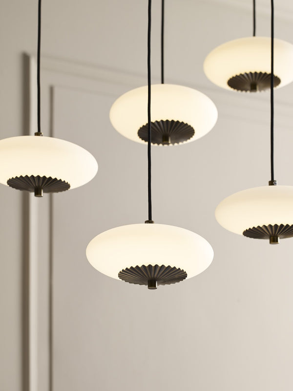 Wildwood Collier Multi-Drop Chandelier With Pleated Brass Accents & Milk Glass Spheres, Adjustable Height, Antique Brass Finish 15307