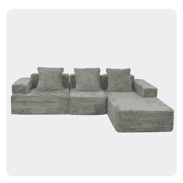 English Elm Compression Sectional Couch with Chaise Sleeper, Corduroy Antique Grey, CertiPUR-US Foam, Modular Comfort W3341P329074