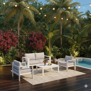 English Elm 4-piece Outdoor Aluminum Conversation Set with Deep Lounge Seating and Wpc Coffee Table Grey+White B082S00084