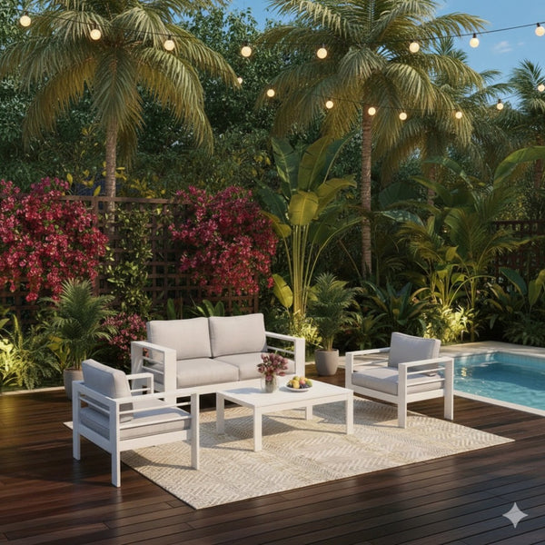 English Elm 4-piece Outdoor Aluminum Conversation Set with Deep Lounge Seating and Wpc Coffee Table Grey+White B082S00084
