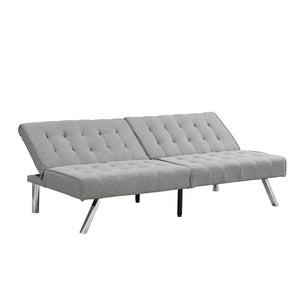 English Elm Wood Frame Futon Sofa Bed With Stainless Steel Legs - Grey Faux Linen, Space-Saving & Stylish Design W2297P247601-GIGA